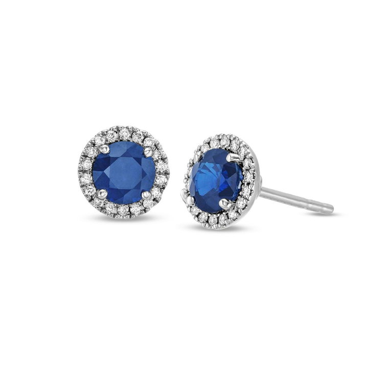 Blue Sapphire And Diamond Halo Stud Earrings In White Gold 14K