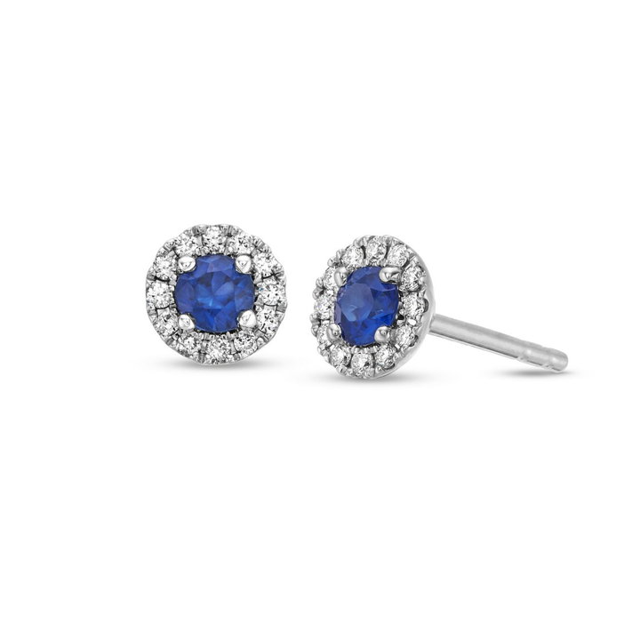 Blue Sapphire And Diamond Halo Stud Earrings In White Gold 14K