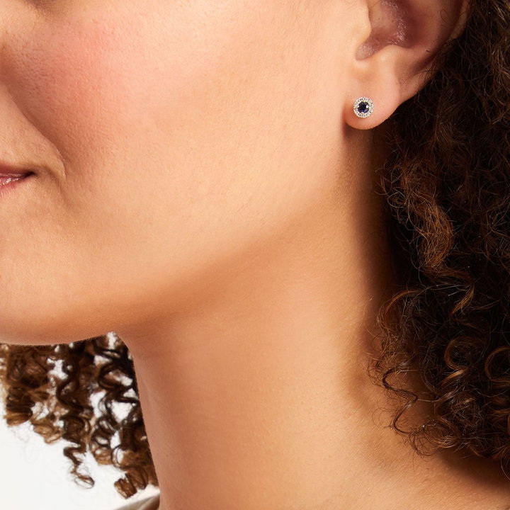 Blue Sapphire And Diamond Halo Stud Earrings In White Gold 14K