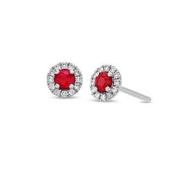 Round Ruby And Diamond Halo Stud Earrings