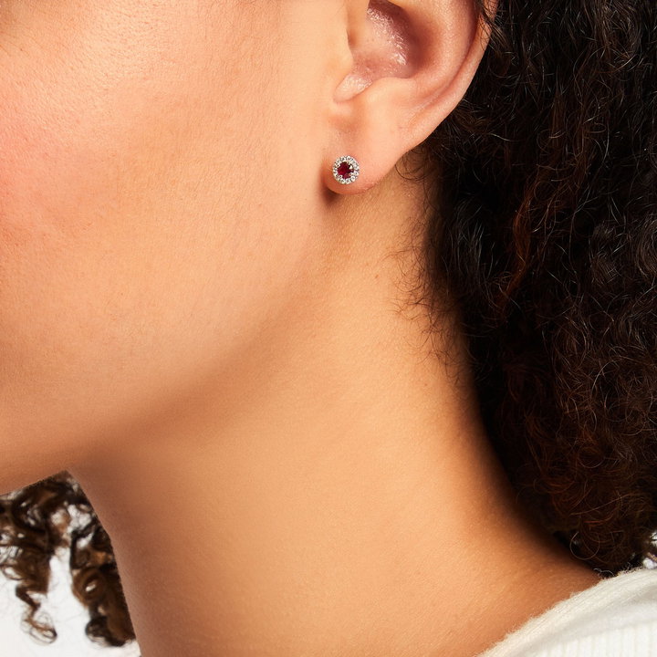 Round Ruby And Diamond Halo Stud Earrings In White Gold 14K