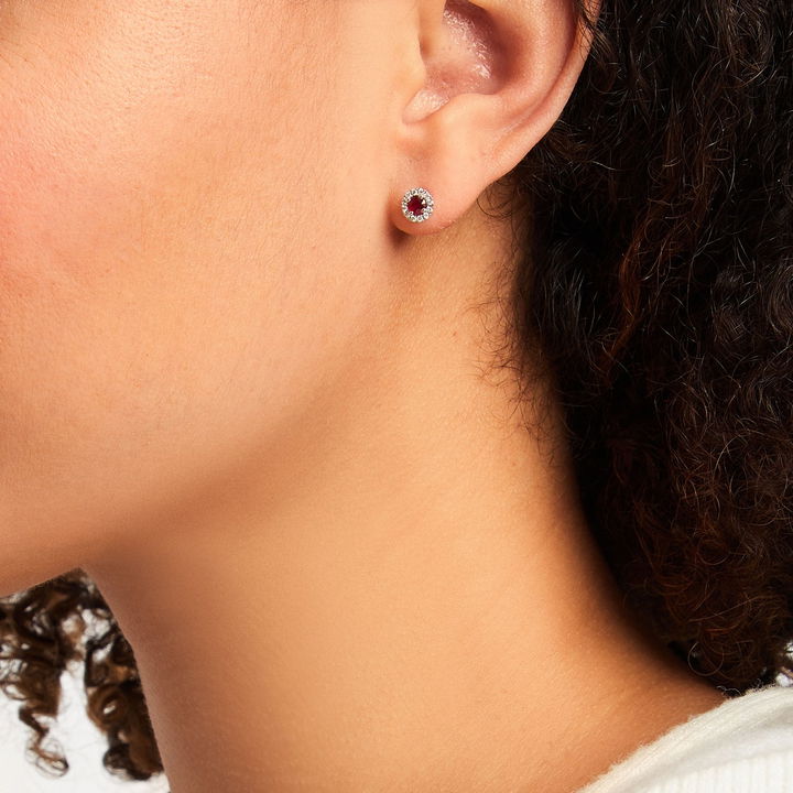 White Gold 14K Round Ruby And Diamond Halo Stud Earrings
