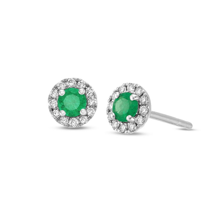 Round Green Emerald And Diamond Halo Stud Earrings In White Gold 14K