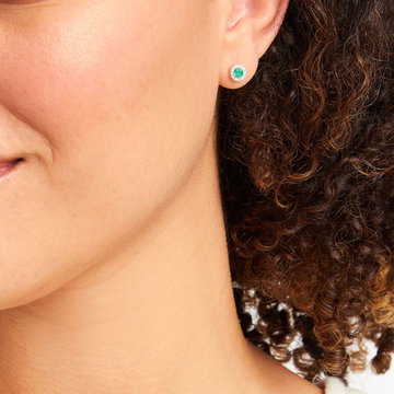 Round Green Emerald And Diamond Halo Stud Earrings In White Gold 14K