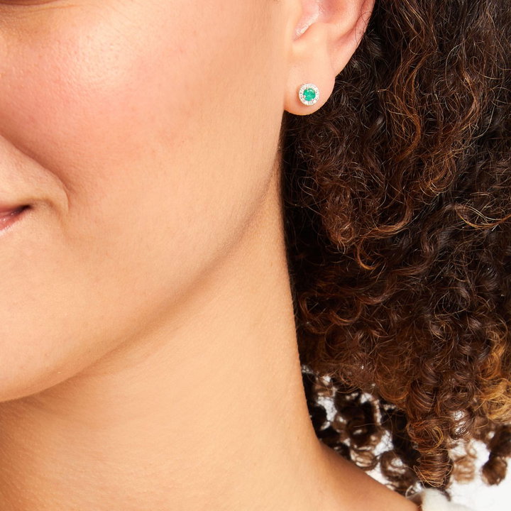 Round Green Emerald And Diamond Halo Stud Earrings In White Gold 14K