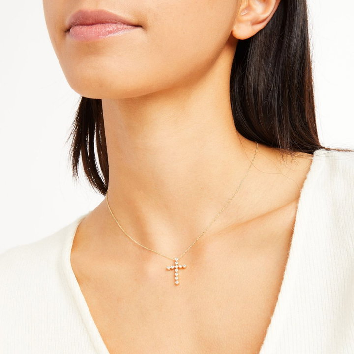 Bezel Diamond Cross Necklace In Yellow Gold 14K