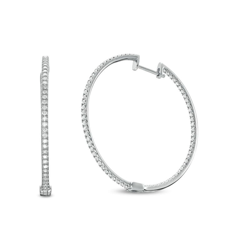 White Gold 14K 1.50 inch In/Out Diamond Hoop Earrings