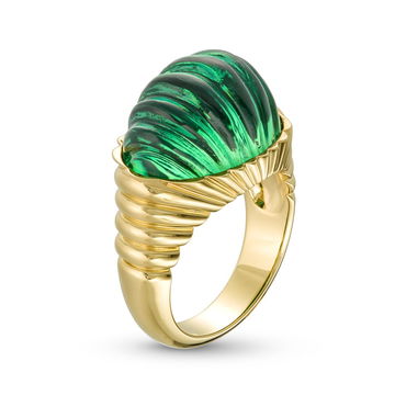 Green Quartz Dome Ring In Solid 14K Yellow Gold