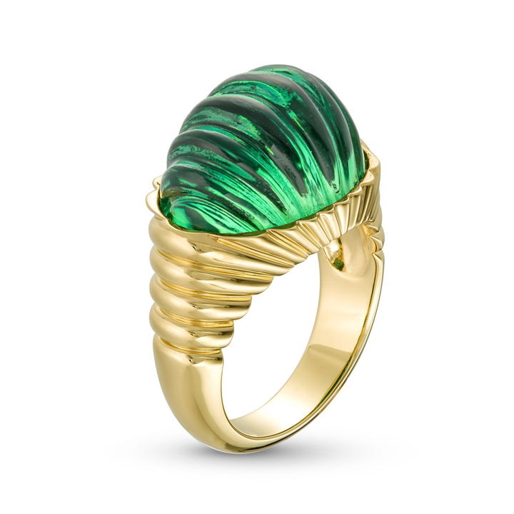 Green Quartz Dome Ring In Solid 14K Yellow Gold