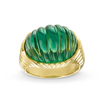 Green Quartz Dome Ring In Solid 14K Yellow Gold
