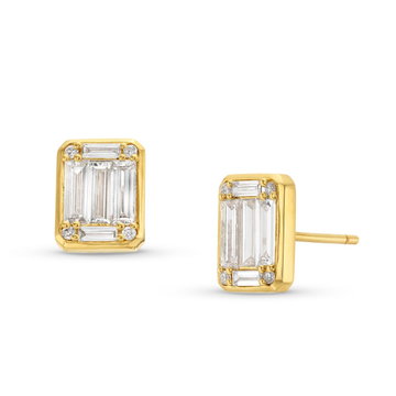 Baguette and Round Cut Diamond Bezel Stud Earrings In Yellow Gold 14K