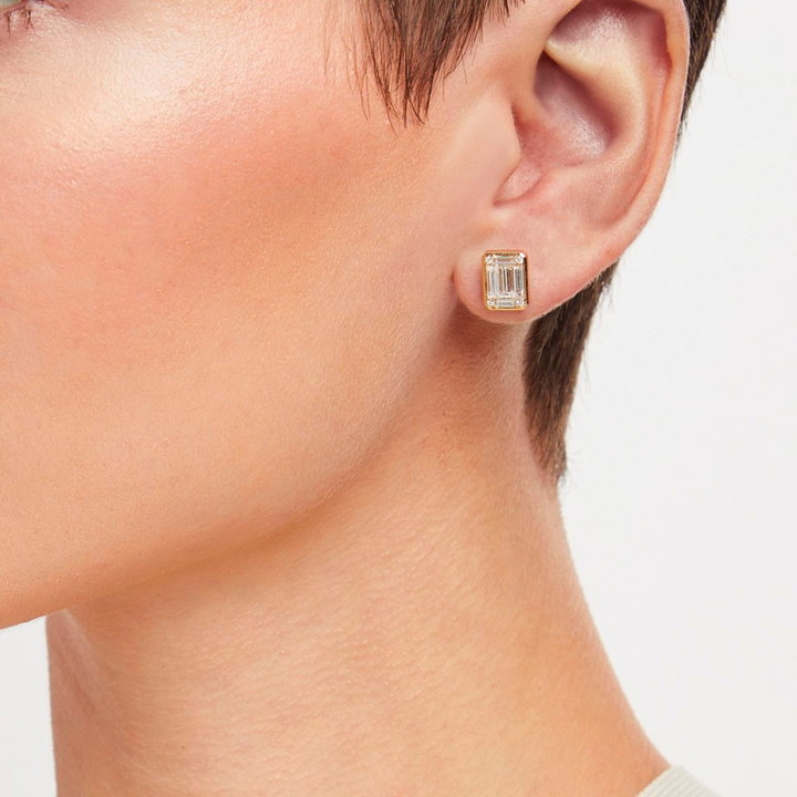 Baguette and Round Cut Diamond Bezel Stud Earrings In Yellow Gold 14K