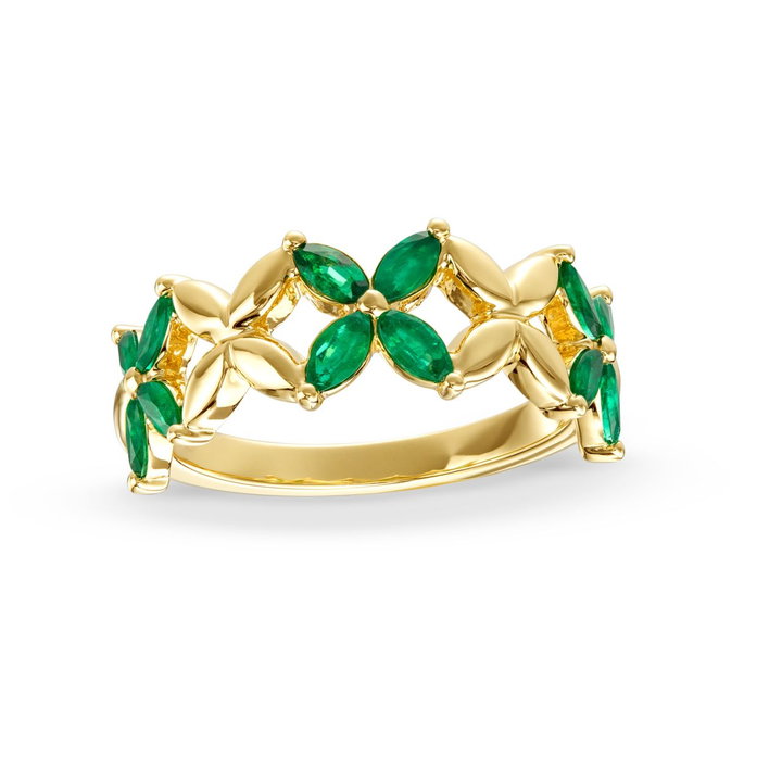 Green Emerald and Gold X Style Ring In Solid 14K Yellow Gold