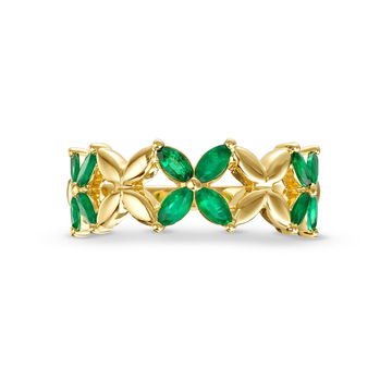 Green Emerald and Gold X Style Ring In Yellow Gold 14K