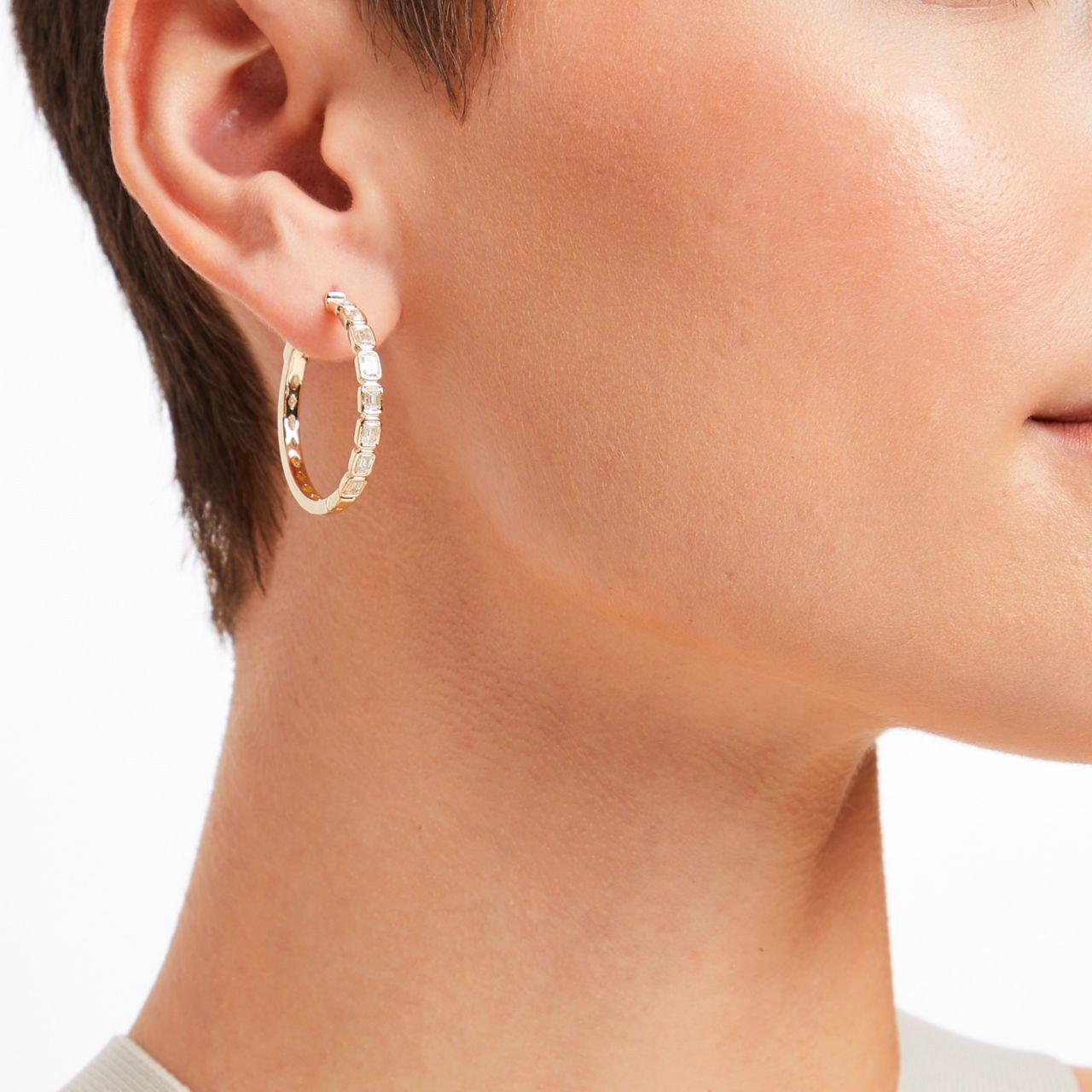 Emerald Cut Diamond Bezel Hoop Earrings