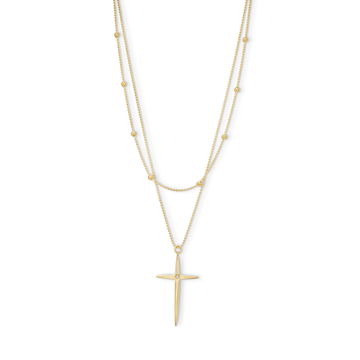 Bead Chain Cross Pendant Duo Necklace In Yellow Gold 14K