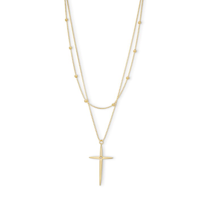 Bead Chain Cross Pendant Duo Necklace In Yellow Gold 14K