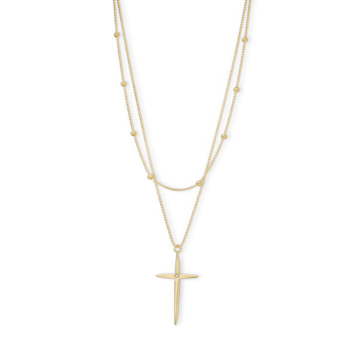 Bead Chain Cross Pendant Duo Necklace In Solid 14K Yellow Gold