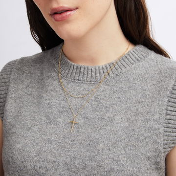 Bead Chain Cross Pendant Duo Necklace In Yellow Gold 14K