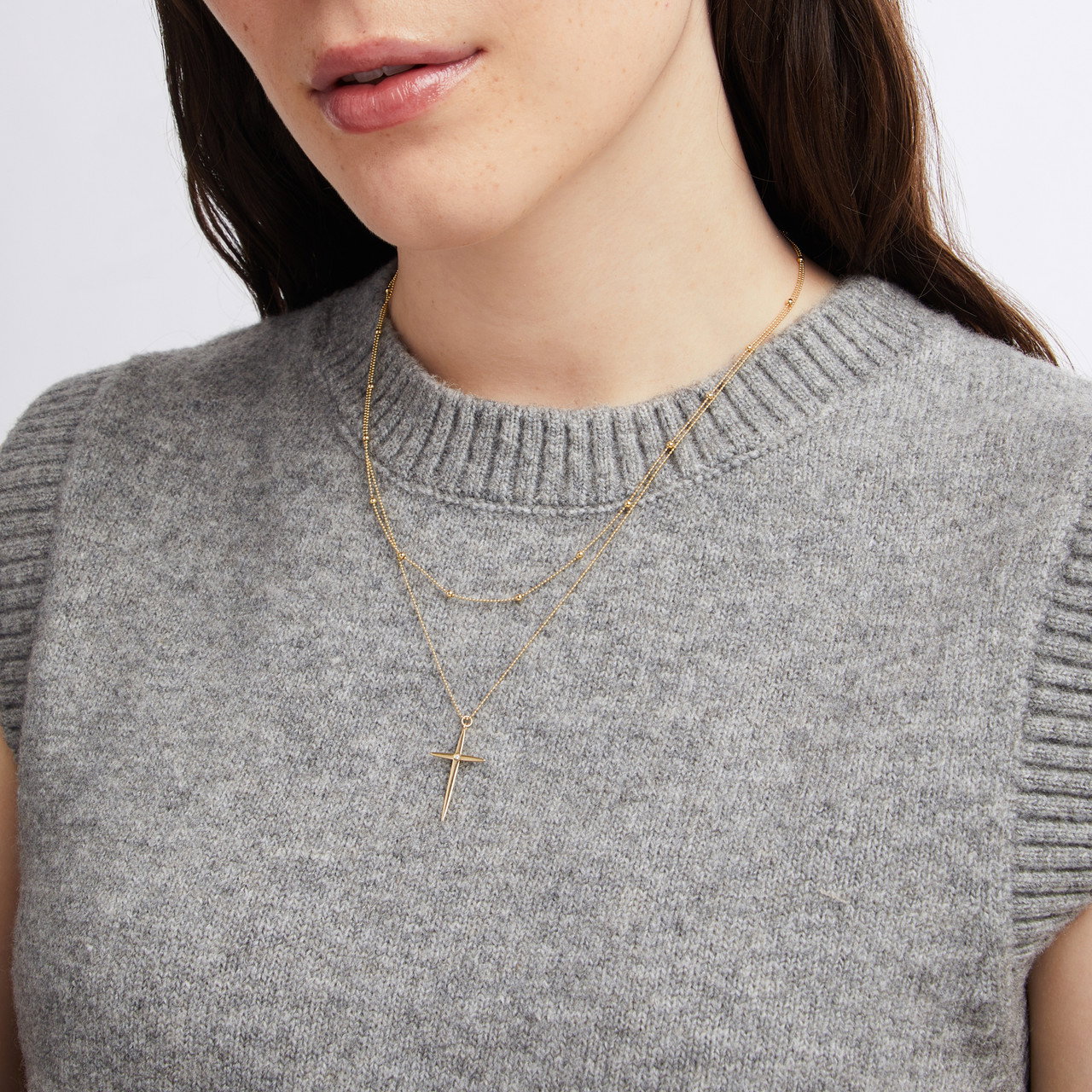 Bead Chain Cross Pendant Duo Necklace