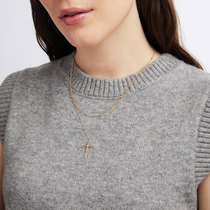 Bead Chain Cross Pendant Duo Necklace In Solid 14K Yellow Gold