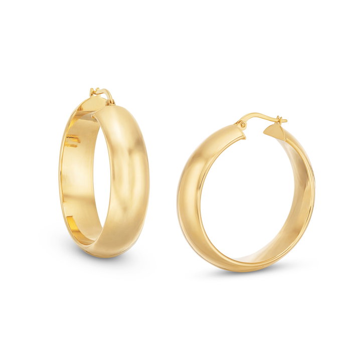 Round High Polished Hoop Earrings In Solid 14K Yellow Gold
