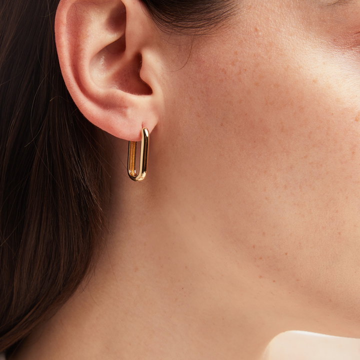 Rectangular Polished Hoop Earrings In Solid 14K Yellow Gold