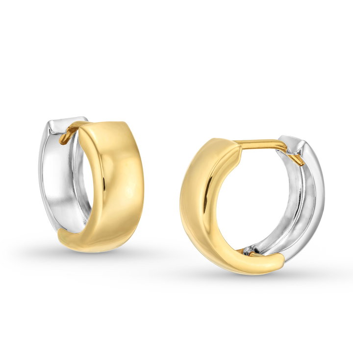 Two Tone Gold Huggie Earrings In Solid 14K White / Yellow Gold