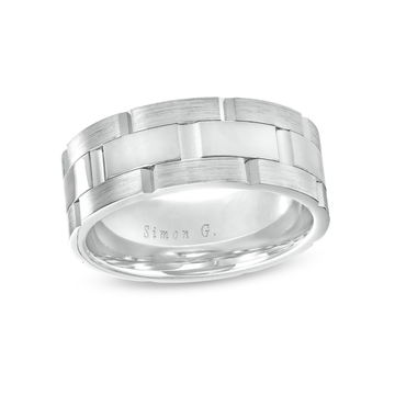 Simon G. Three Row Brick 8.5mm Wedding Band In Platinum