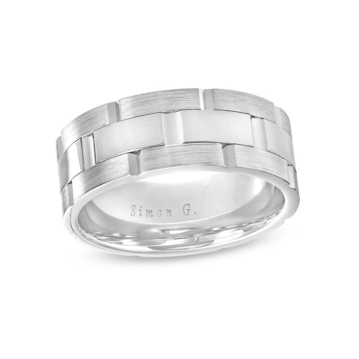 White Gold 18K Simon G. Three Row Brick 8.5mm Wedding Band
