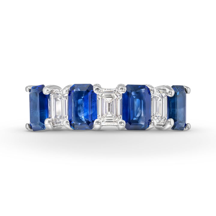 Emerald Cut Diamond and Sapphire Alternating Ring
