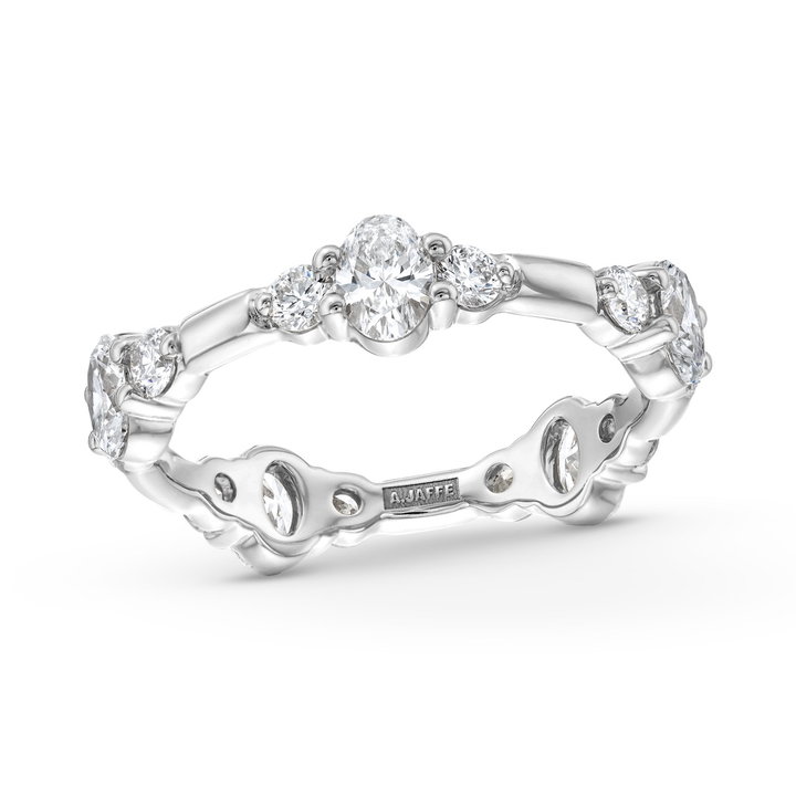 A. Jaffe Oval and Round Diamond Three Stone Wedding Band In White Gold 14K