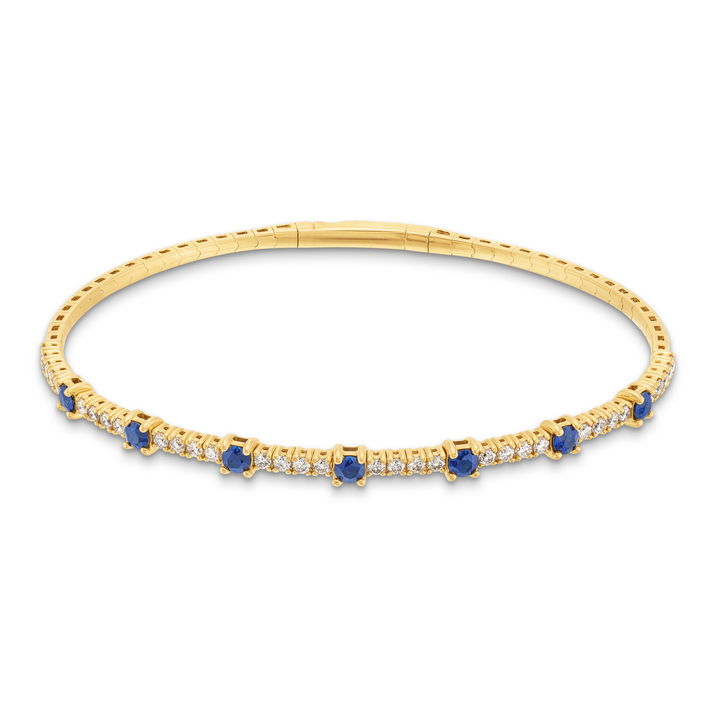 Yellow Gold 14K Sapphire and Diamond Flexible Bangle Bracelet