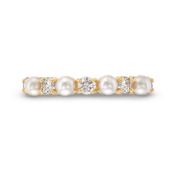 Alternating Pearl & Diamond Ring In Yellow Gold 18K