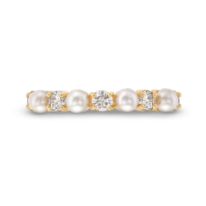 Alternating Pearl & Diamond Ring In Yellow Gold 18K