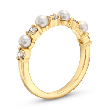 Alternating Pearl & Diamond Ring In Yellow Gold 18K