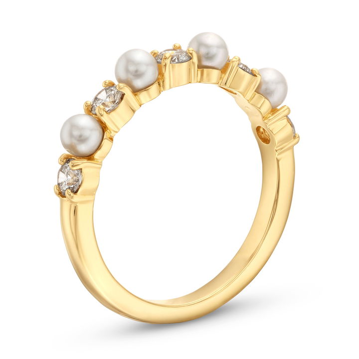 Alternating Pearl & Diamond Ring In Yellow Gold 18K