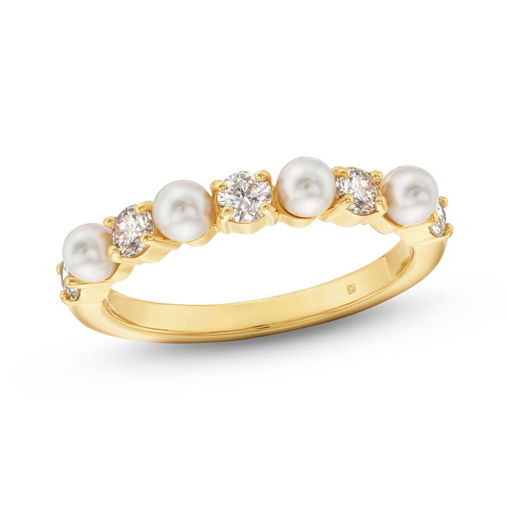 Alternating Pearl & Diamond Ring In Yellow Gold 18K