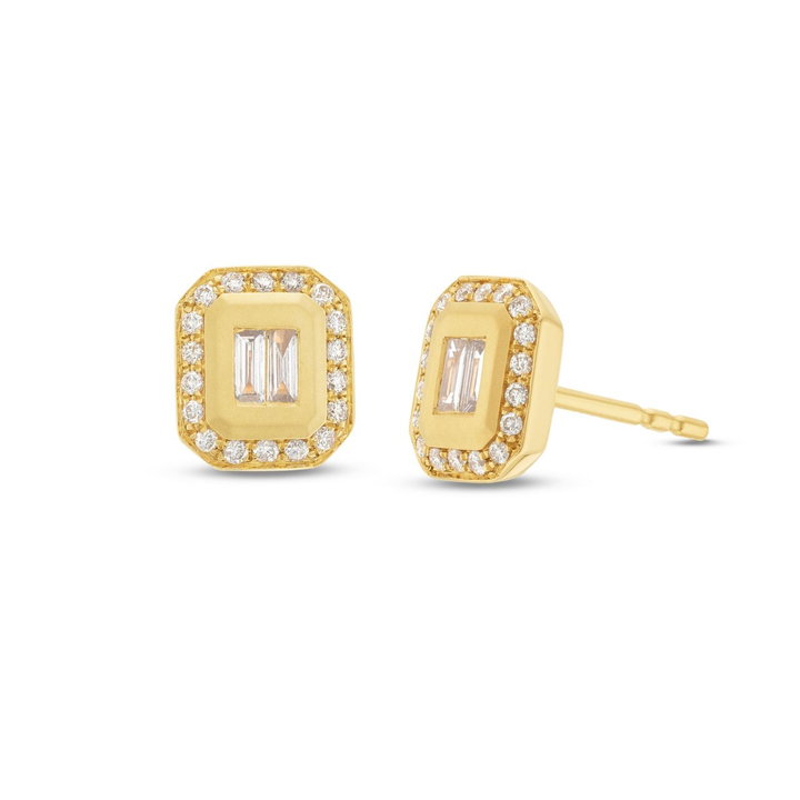 Baguette & Round Diamond High Polish Bezel Stud Earrings In Yellow Gold 14K