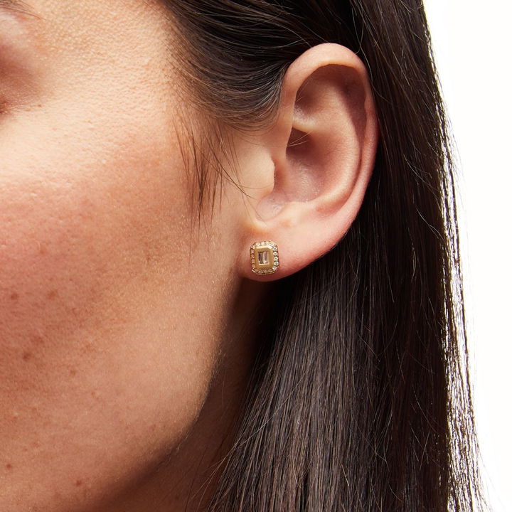 Baguette & Round Diamond High Polish Bezel Stud Earrings
