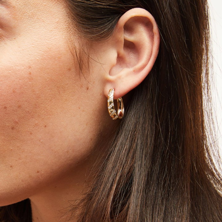 Diagonal Diamond Hoop Earrings In Solid 14K Yellow Gold