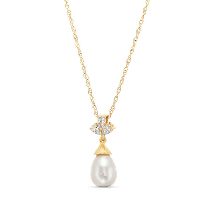 Three Stone Pearl Pendant Necklace In Yellow Gold 14K
