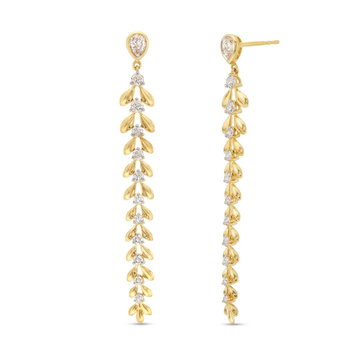 Graduated Leaf Drop Diamond Earrings In Solid 14K Yellow Gold