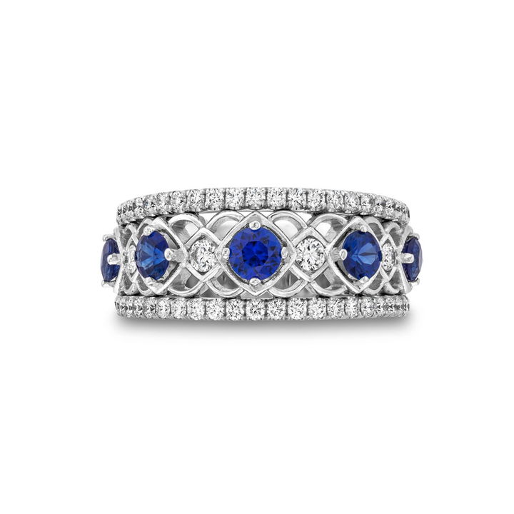 Blue Sapphire & Diamond Multi Row Filigree Band In White Gold 18K