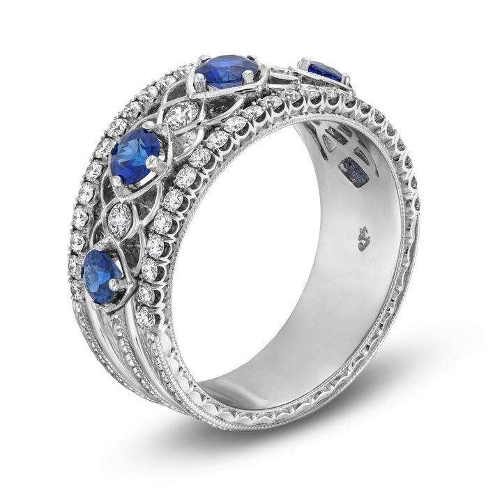 Blue Sapphire & Diamond Multi Row Filigree Band In White Gold 18K