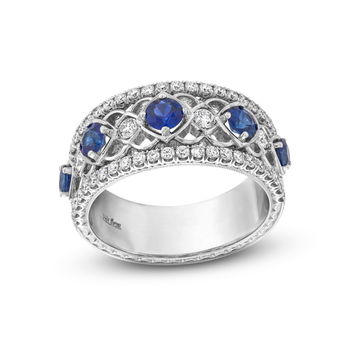 Blue Sapphire & Diamond Multi Row Filigree Band In White Gold 18K