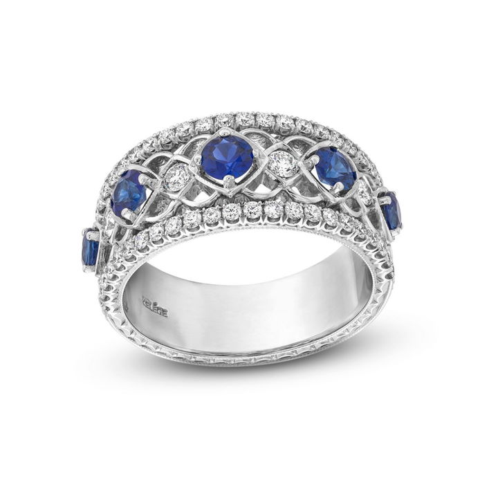 Blue Sapphire & Diamond Multi Row Filigree Band In White Gold 18K