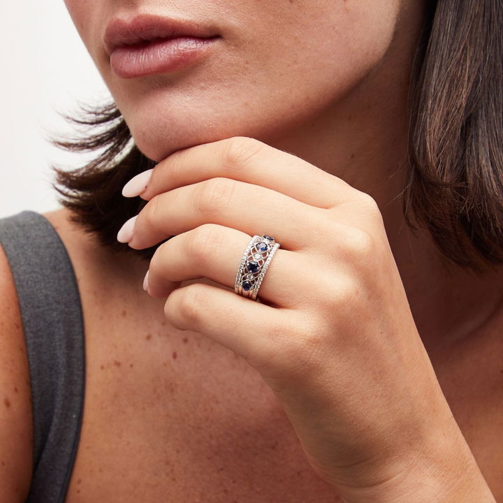 Blue Sapphire & Diamond Multi Row Filigree Band In White Gold 18K