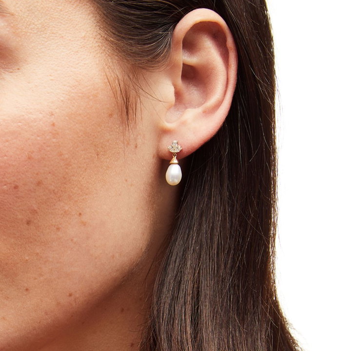Three Stone Pearl Stud Earrings In Yellow Gold 14K
