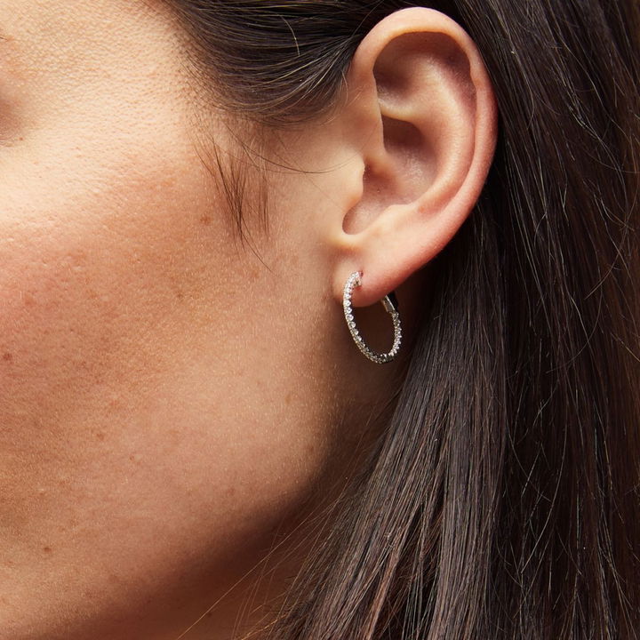 Yellow Gold 14K Diamond Hoops 0.75 Inch Earrings